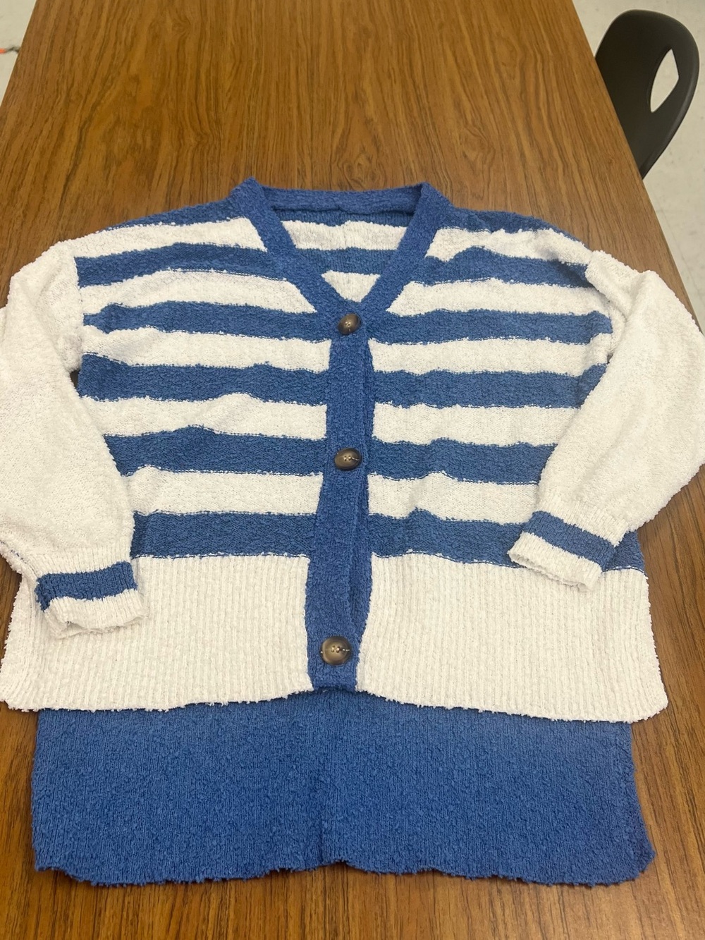 Blue/White Striped Button Cardigan Sweater High/Low Hem Textured Knit Nautical